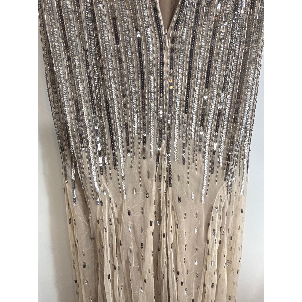 Adrianna Papell Beaded Sequin V-Neck Gown Cap Sleeve Maxi Dress Champagne Silver - Picture 15 of 16